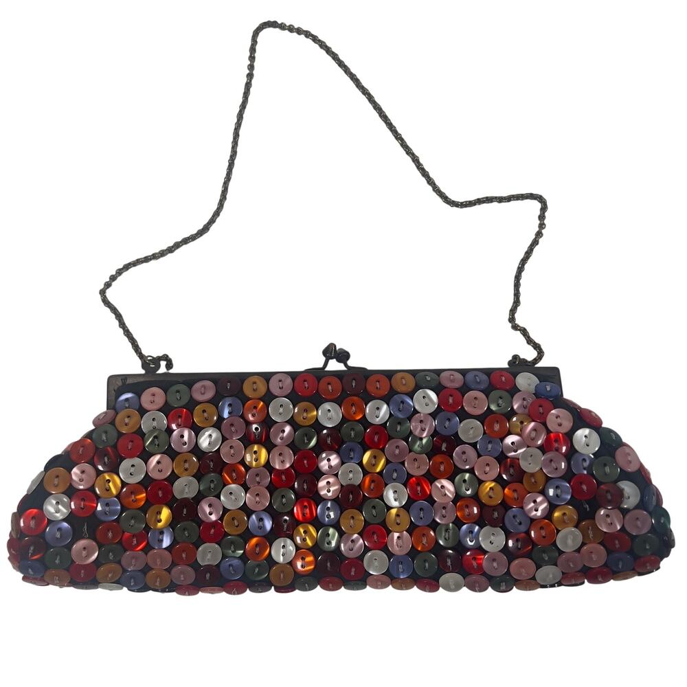 ALDO Multicolored Button Clutch Bag Kiss-Lock Snap Closure Brass Metal Chain Y2K